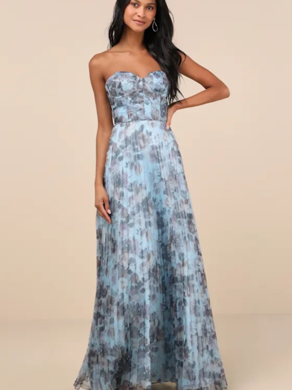 Lulu's Strapless Blue Floral Pleated Gown